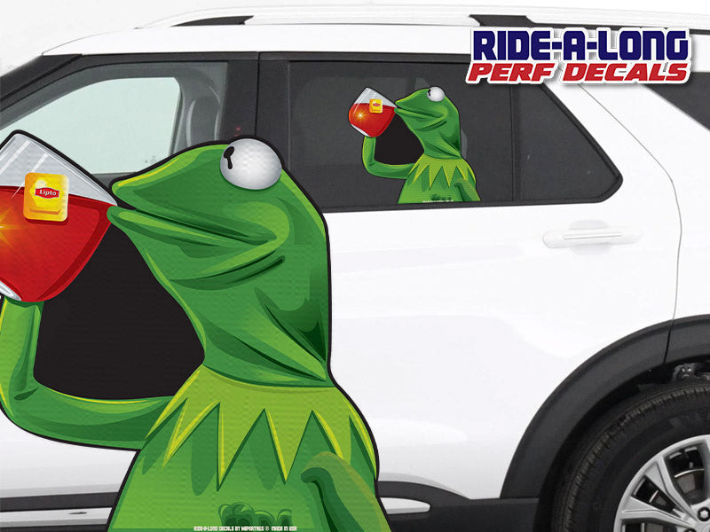 Kermie sipping tea from cup perforated backseat window decal