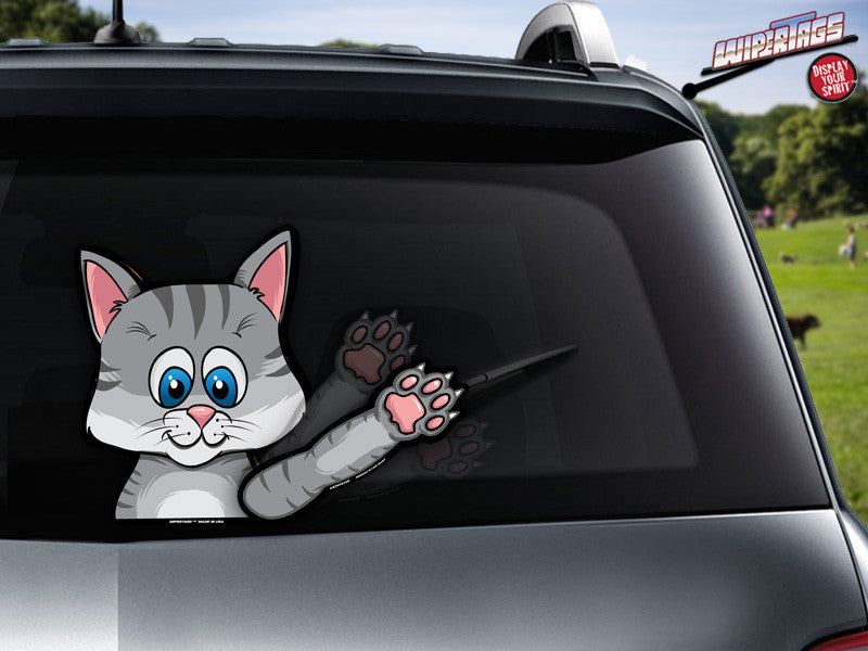 Grayson Waving Gray Kitten WipurrTags attach to rear wiper blades